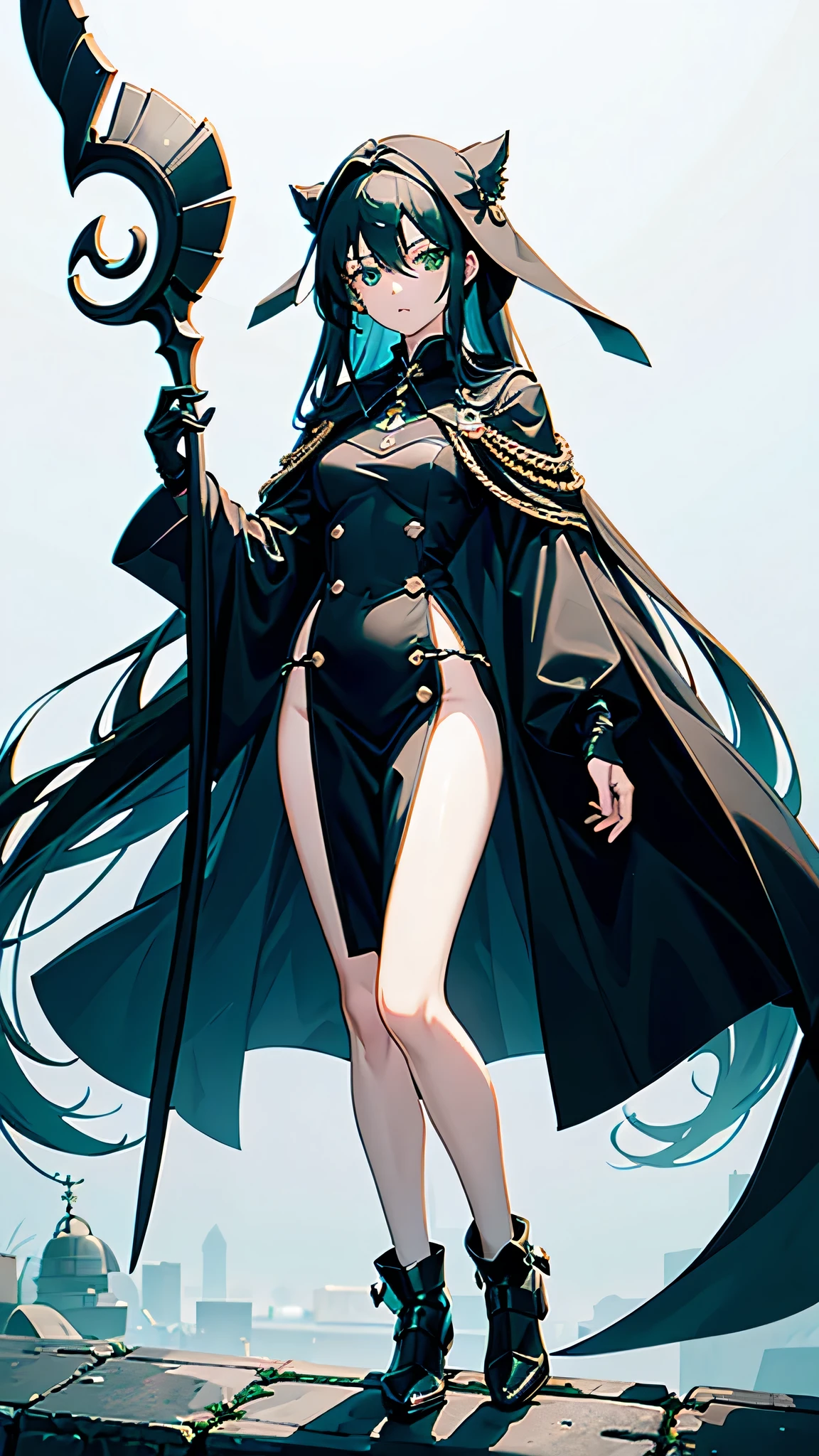 Chihaya, sleepy  girl with pale white skin, really long smooth silk black hair with really long bangs covering her right eye, sharp glowing green emerald eyes with bags underneath, a muscularly lean and slim body, wearing a black war dress with a black hoodie, with doctor like weapons, standing in a white background. War surgeon. Disease god. Fullbody. Muscular arms and muscular legs. Green eyes. Mature. Exhausted eyes. Black gloves. Floating green eyess. Wearing a plague doctor mask. Right eye is not visible