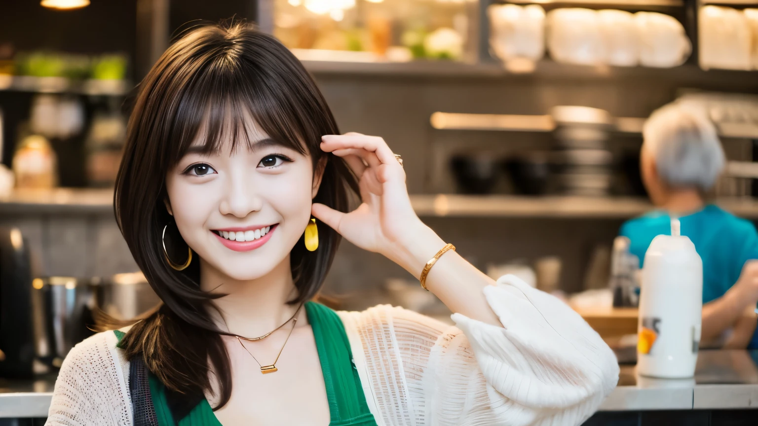 super high quality, short hair, thin, Photography Sculpture, The staff is working at the counter in the back.., (8k、RAW Photos、highest quality、masterpiece:1.2), Japanese Idols, Shaggy, necklace, Stylish cafe, People having fun at the cafe々Bustling with., (Realistic、Realistic:1.37), Mesh Hair, Golden Ratio, RAW Photos, Cute face , Earrings, Small breasts, Blurred Background, Silver Hair, Spring Clothes, Well designed furniture, Beautiful hairstyle, Spoiled, Short Bob Hair, Open Cafe, smile, Hair blowing in the wind, Dress neatly, 18-year-old,