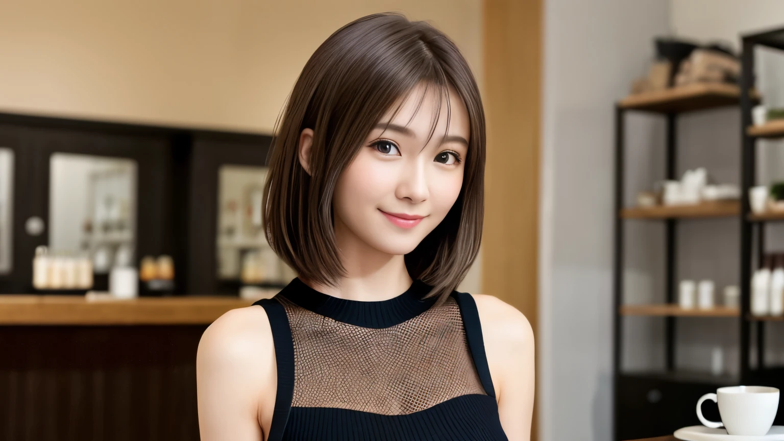 super high quality, Fashion Model, short hair, thin, Photography Sculpture, The staff is working at the counter in the back.., (8k、RAW Photos、highest quality、masterpiece:1.2), Shaggy, (Realistic、Realistic:1.37), Mesh Hair, Normal chest, Golden Ratio, RAW Photos, Cute face , Light brown hair, Tight knit dress, Blurred Background, Beauty Salon Model, Spring Clothes, Cafe with a calm atmosphere, Well designed furniture, Observe the audience, Beautiful hairstyle, Spoiled, smile, 30 years old, Cool older sister,