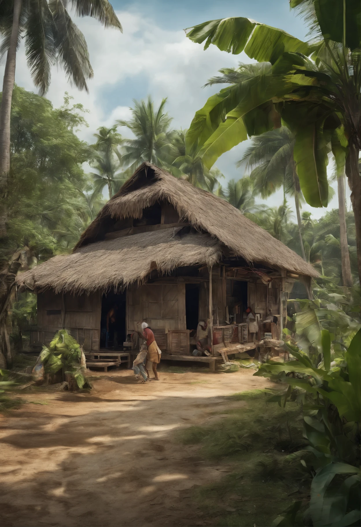 Malay village atmosphere, there are coconut trees, banana trees, boys playing in front of the house,