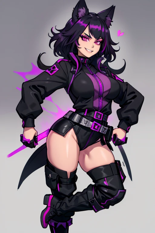 Strong woman villain, Angry face, Black mask over eyes, long black hair, purple glowing eyes, black Rubber shorts, exposes midriff, Long black rubber gloves, long black rubber boots, silver machine attached to back, purple liquid wires on wrist attached to machine on back.