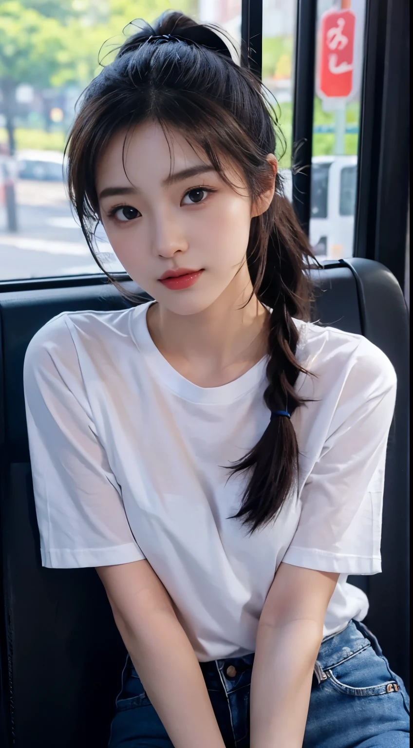 realistic photos of cute Korean star female, ponytail , thin makeup, medium breasts size, slightly smile, color t-shirt, in the bus, clear facial features ofsharp and realistic details, Sony FE, 35mm, cinematic lighting, high details, UHD, high quality, HD, 8k, 16k, jean pants,