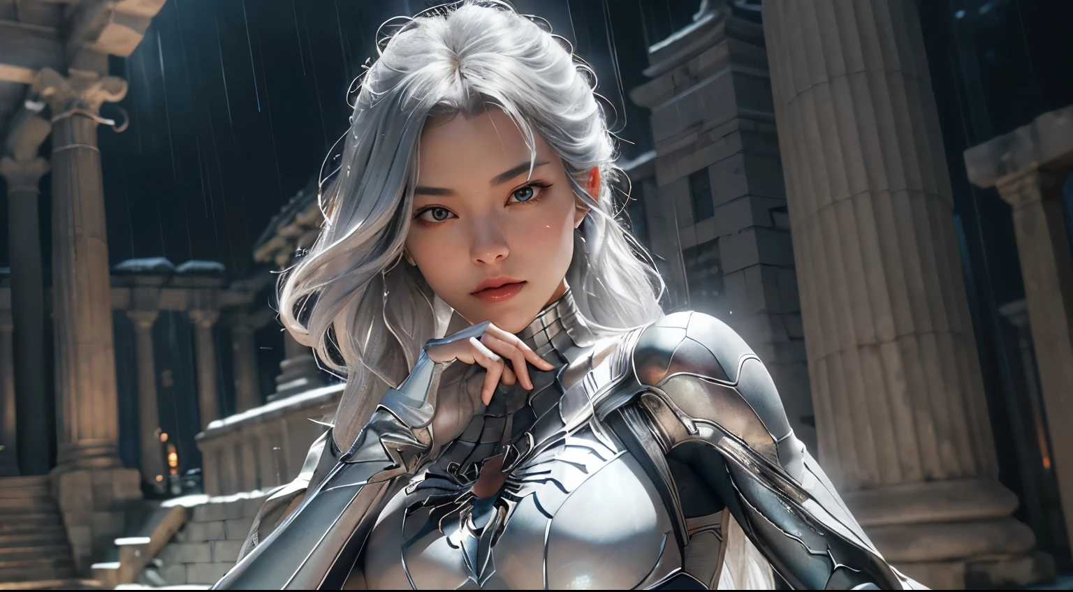 (Extreme Detail CG Unity 8K wallpaper, masterpiece, highest quality), (Exquisite lighting and shadow, highly dramatic picture, Cinematic lens effect), a beautiful girl in a white Spider-Man costume, silver gray hair color, long hair, from the Spider-Man parallel universe, Wenger, Marvel, Spider-Man, in the ancient temple, in the rain, very beautiful face, silver claws, dynamic pose), (excellent detail, excellent lighting, wide angle), (excellent rendego on ancient temple, enough to stand out in its class), focus on white Spider-Man costumes, complex spider textures