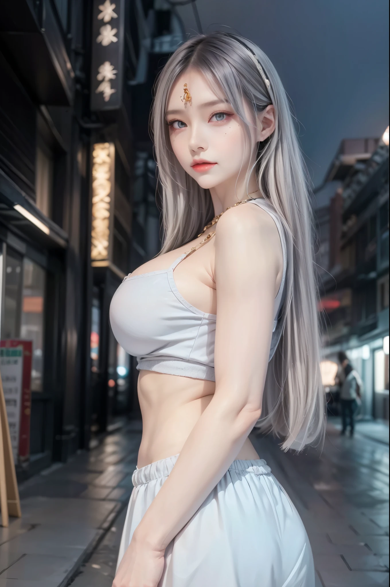 realistic, 1 women, best quality, 12k, HD, long hair, big round breasts, cleavage, ponytail, necklace, jewelry, shorts, short jacket, slim hips, hair tie, yellow eyes, black hair, super detailed, Eye details, hair details, person details, mouth details, face details, breast details, clothes details, hair details, pants details, hand details, whole body