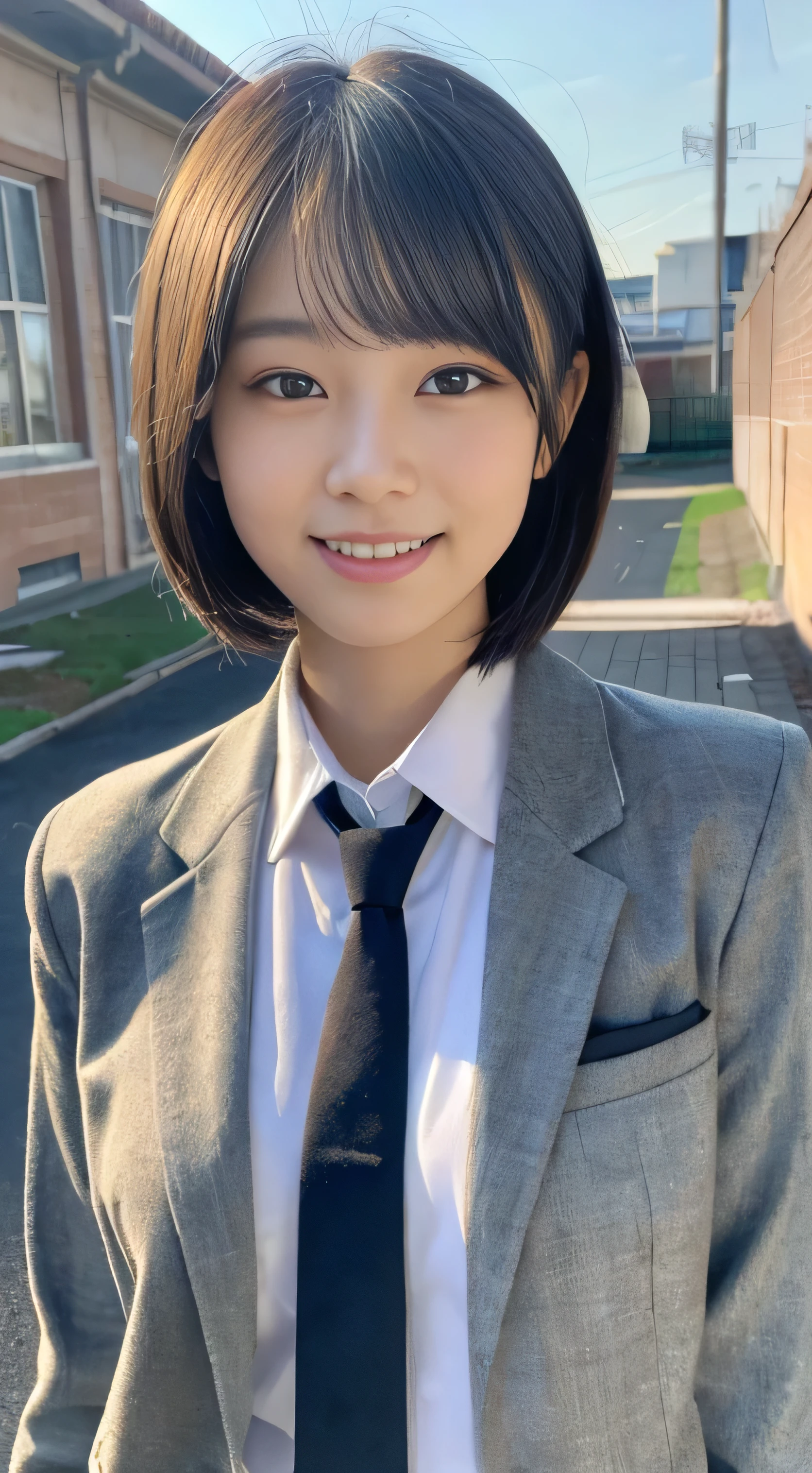 (highest quality,8K quality,masterpiece:1.3),(Super high resolution,Photoreal:1.4,Raw photo),(super detailed,caustics,detailed background),(ultra-realistic capture,Beautifully detailed skin,perfect anatomy),at dusk,sunset sky,school building,schoolyard,18-year-old,cute,single eyelid,black short bob,School Blazer Uniform,look at the camera,laughter,bust up shot,natural soft light