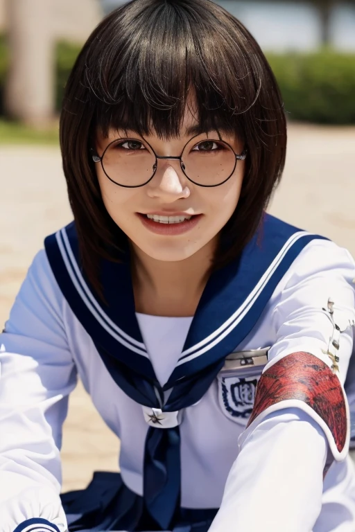 (masterpiece, best quality, beautiful quality, photorealistic, looking at viewer, detailed lighting, extremely detailed skin, extremely detailed hair, extremely detailed teeth, shadows, 8k:1.2), 1girl, glasses, school uniform, front view, full body view, sitting 