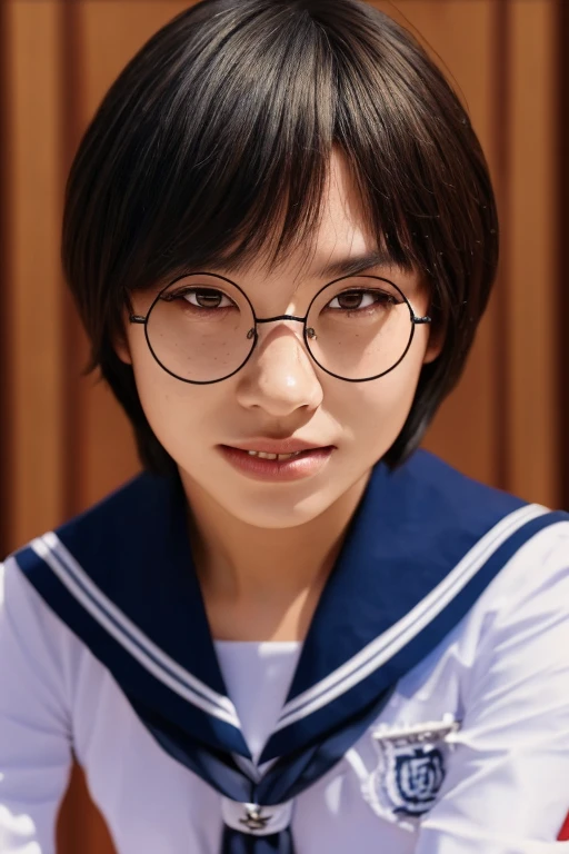 (masterpiece, best quality, beautiful quality, photorealistic, looking at viewer, detailed lighting, extremely detailed skin, extremely detailed hair, extremely detailed teeth, shadows, 8k:1.2), 1girl, glasses, school uniform, front view, full body view, sitting