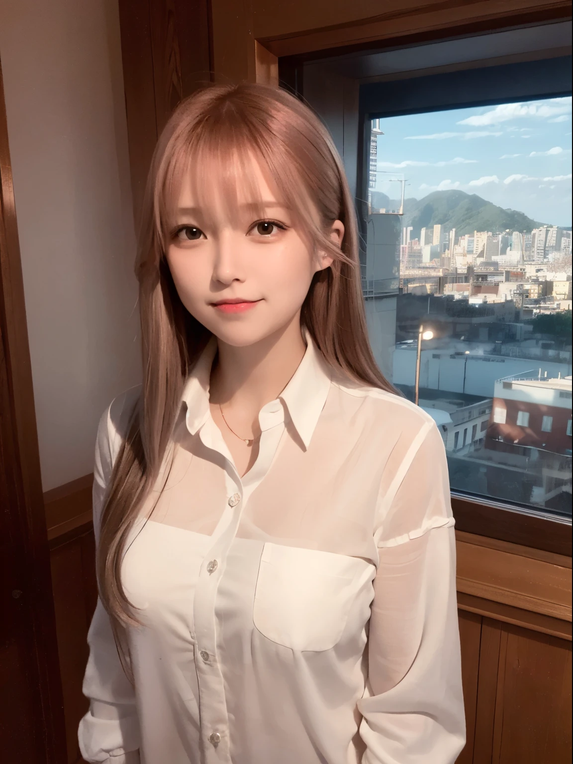 highest quality, Realistic, Ultra-high resolution, (photoRealistic1.4), smile, Redhead, Red Button Shirt, One girl, alone, Glowing Eyes, ((Puffy eyes)), (((View your viewers))), ((close)),