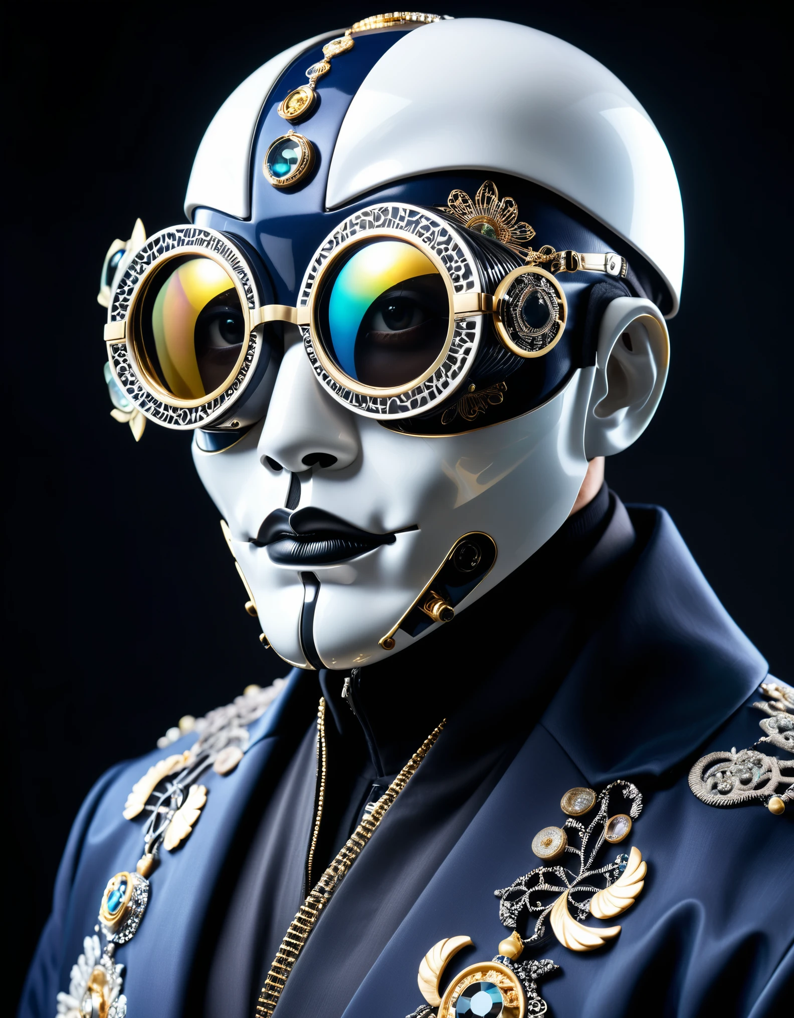 a fashion photoshoot of a clab samuraj robot man wearing a weird futuristic mask, hyper maximalist, intricate small miniscule detailed details, (eyes hidden behind weird mask googles that are glasses made of black diamond with glass decorated in ornate korean street fashion fused with indigenous clothes:1.2), androgynous, maximalist hiphop, (puffy wrinkly though fabric jacket:1.2), inflated, (detailed buttons and strings and zippers all over:1.2), many intricate folds as details in the clothes and fabrics, studio, japanese clothes, dark navy grey backdrop with spotlight and gobos, dark focusing vignette, grain, shiny, psytrance, clothing, fstop of 8, hyper - real, swiss design, old charismatic mechanic, pulsating, future fashion shoot