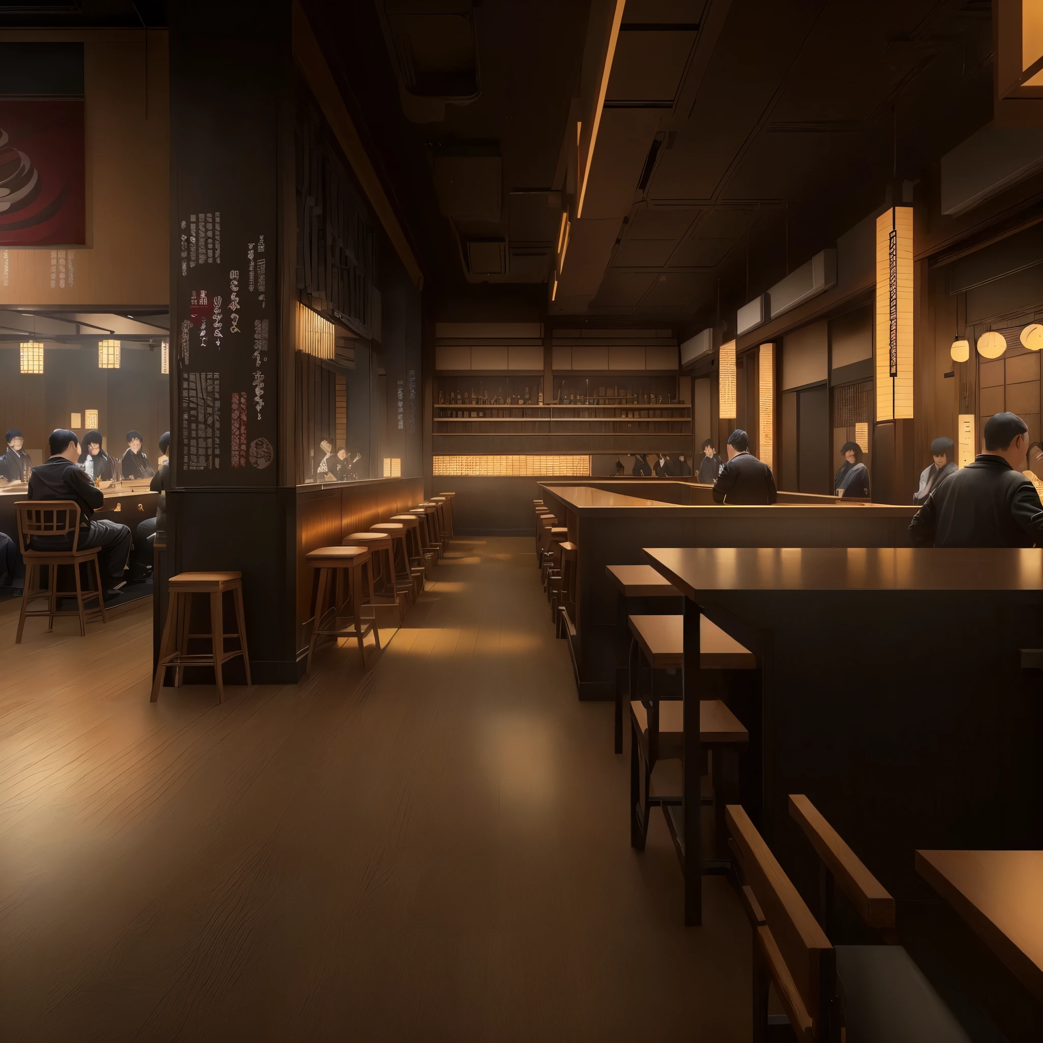 There is a big room,There were a lot of tables and chairs, Tokyo izakaya scene, Digital Rendering, author:Sam Black, Inspired by the, By Reuben Tan, author:Matthias Kohlros, Bar illustration/lounge, CG Rendering, by Ni Yuanlu, author Matteo Pérez, Photo Rendering, detailed renderings