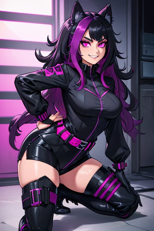 female, black long hair with magenta highlights, silver eyes, black wolf ears, black wolf tail (((1girl))), (((Black Widow outfit with magenta trim))), (black pants), (black gloves), (black tactical belt), (black tactical boots), cute and sexy, full body, large breasts, large butt, long legs, smiling