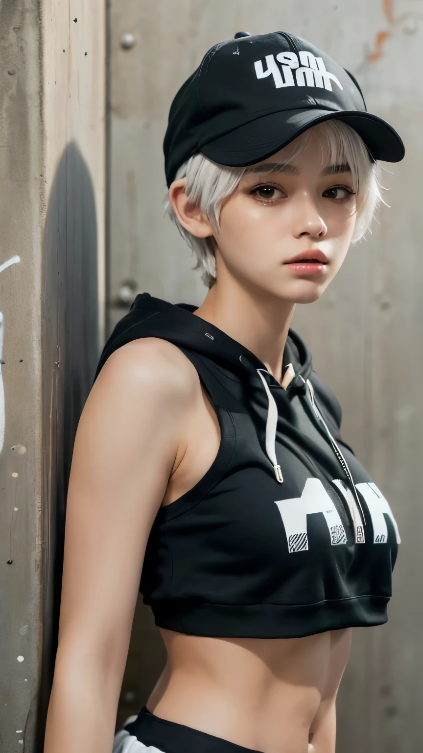 masterpiece, highest quality, Very detailed, 8k, Realistic, One Girl, alone, Tomboy, Very detailed face, (head shot:1.5), Standing in front of a wall covered in hip hop graffiti, Pixie cut white hair, He is wearing a short tank top and an open-zipped hoodie..,I can see your chest,Nice ass,Wear a New Era cap
