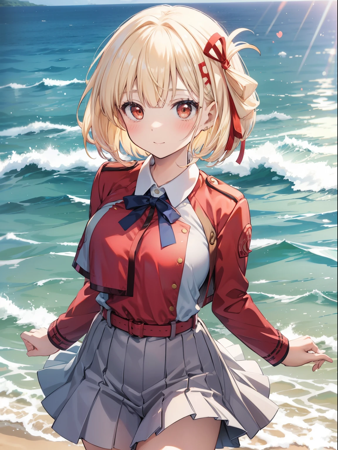 Chisato Nishikigi、Good looking girl (Short blonde hair with square bangs, Big Red Eyes, Red ribbon,blush, Perfect Face), independent , looking at the camera, masterpiece, Anime art style, Cute Characters, Most detailed, high quality、Nico Nico Smile、セクシーなビキニ👙を着ている、Playing in the sea