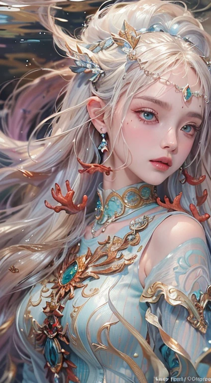 low-teengirl, 10yo, princess of dragon, close-up face, (Highest quality authentic textured skin),(abyssal),(Fine, Round, Symmetrical eyes),Delicate facial features,(Burning bright and cold eyes), she have beautiul tiger eyes, very slim and thin body, naked, nude, (She has a mischievous smile on her face),(Her face is gentle and beautiful),Glass earrings on the ears,,(Blonde hair),(silvery white hair),(Maroon hair),(Swim at the bottom of the sea),(Full body portrait:1.5),(Dramatic photo:1.4),(dramatic pose),(flamboyant photo)(facing up),(Looking down),(Around her neck hangs a simple necklace of exquisite craftsmanship),A messy painting,(Hair flows in water:1.5),(Underwater, Marine life, Beautiful coral reef, Fish),(Vortices and tidal currents in the background),(Dramaticlight),(Magnificent scene),(Surrounded by beautiful dragon),In the distant background is a temple submerged in a coral reef,the reef,Epic realism,Cinematic feeling,(high-density imaging review:1.5),(Soft color:1.2),Ultra detailed,Dramaticlight,(intricately details:1.1),the complex background,