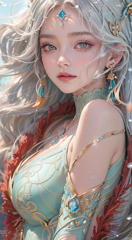 low-girl, 10yoincess of dragon, close-up face, (Highest quality authentic textured skin),(abyssal),(Fine, Round, Symmetrical eyes),Delicate facial features,(Burning bright and cold eyes), she have beautiul tiger eyes, very slim and thin body, naked, nude, (She has a mischievous smile on her face),(Her face is gentle and beautiful),Glass earrings on the ears,,(Blonde hair),(silvery white hair),(Maroon hair),(Swim at the bottom of the sea),(Full body portrait:1.5),(Dramatic photo:1.4),(dramatic pose),(flamboyant photo)(facing up),(Looking down),(Around her neck hangs a simple necklace of exquisite craftsmanship),A messy painting,(Hair flows in water:1.5),(Underwater, Marine life, Beautiful coral reef, Fish),(Vortices and tidal currents in the background),(Dramaticlight),(Magnificent scene),(Surrounded by beautiful dragon),In the distant background is a temple submerged in a coral reef,the reef,Epic realism,Cinematic feeling,(high-density imaging review:1.5),(Soft color:1.2),Ultra detailed,Dramaticlight,(intricately details:1.1),the complex background,