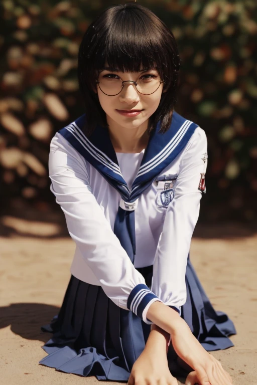 (masterpiece, best quality, beautiful quality, photorealistic, looking at viewer, detailed lighting, extremely detailed skin, extremely detailed hair, extremely detailed teeth, shadows, 8k:1.2), 1girl, glasses, school uniform, front view, full body view, legs, feet