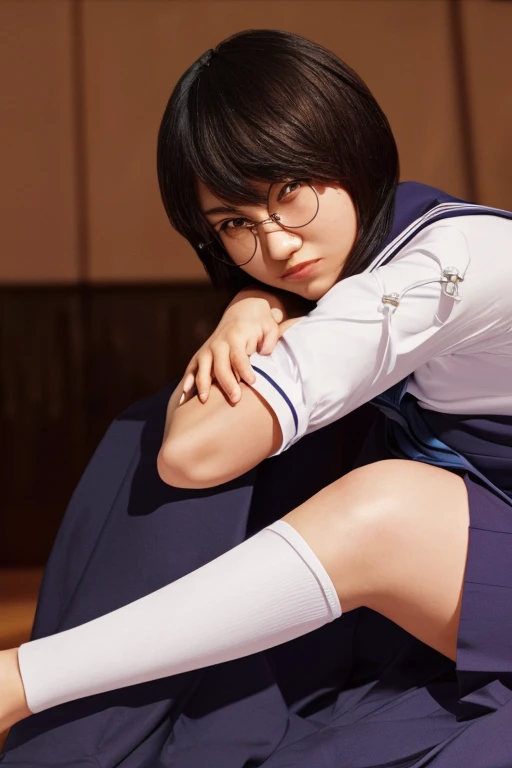 (masterpiece, best quality, beautiful quality, photorealistic, looking at viewer, detailed lighting, extremely detailed skin, extremely detailed hair, extremely detailed teeth, shadows, 8k:1.2), 1girl, glasses, school uniform, front view, full body view, legs, feet