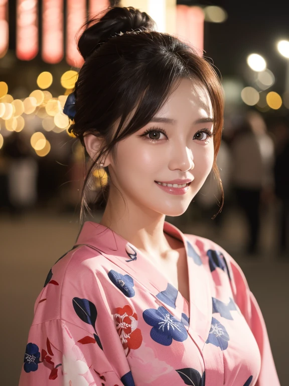((highest quality))、((Natural and realistic eyes))、((Beautiful eyes))、Tear bags、double eyelid、((masterpiece、8K、Very detailed, Realistic, super thin skin, Perfect Anatomy))、Japanese women、1 person、30th Generation、married、((high ponytail))、((pink floral yukata))、(Sexy smile)、clear、Beautiful woman、Elegant、(Fireworks display at night)、Bust size 85cm、((close up))