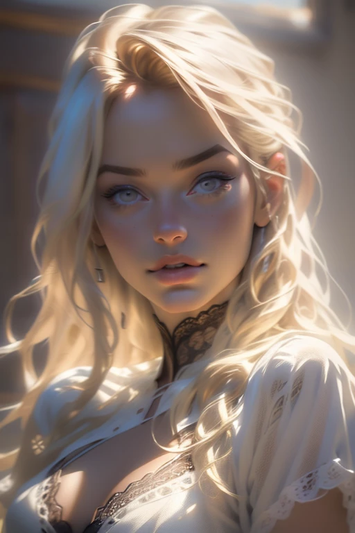 (realistic, photorealistic: 1.37), front view of a Austrian woman, blond hair, wearing lace lingerie, beautiful body