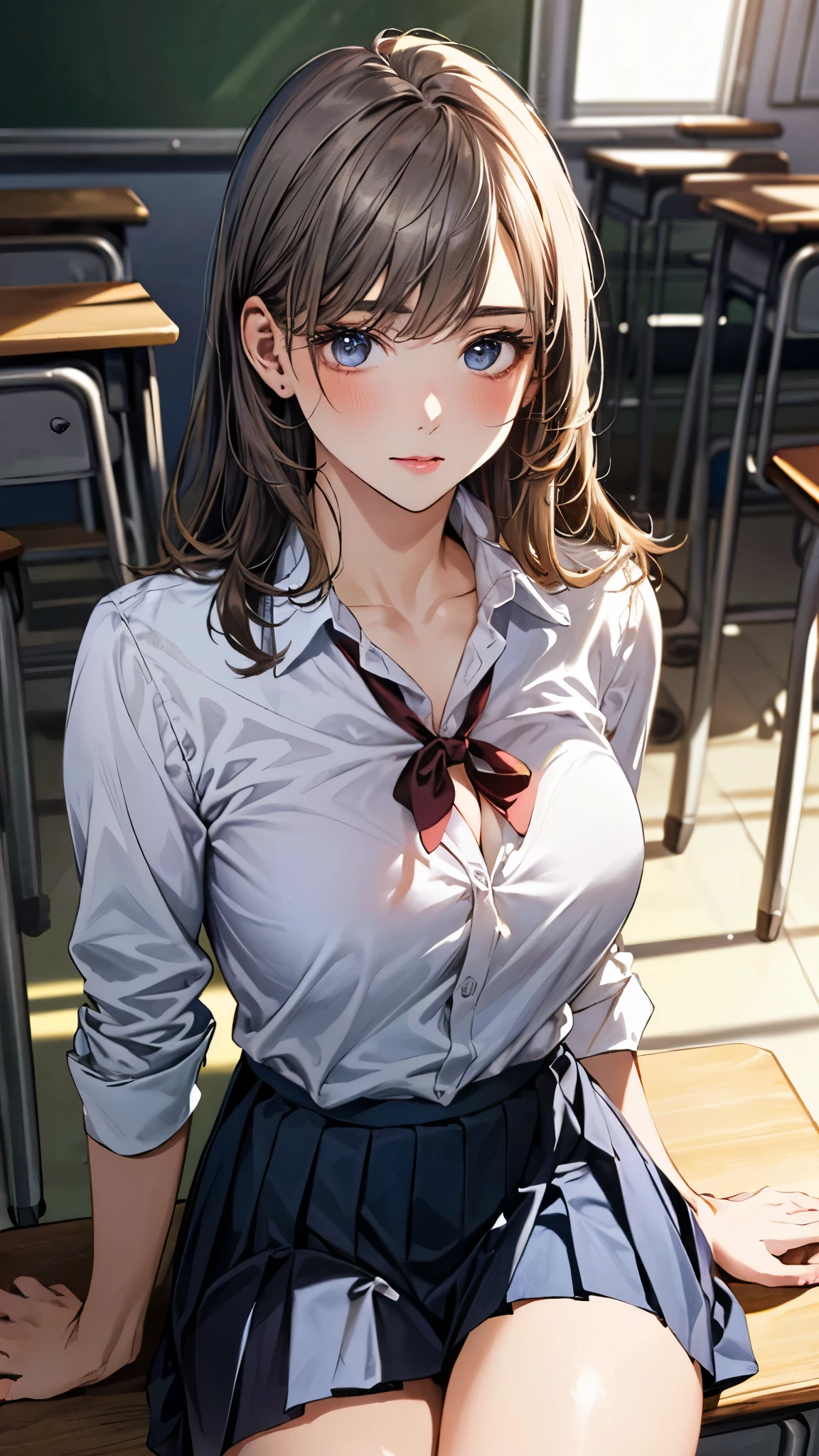 (masterpiece:1.3, top-quality, ultra high res, ultra detailed), (realistic, photorealistic:1.4), beautiful illustration, perfect lighting, natural lighting, colorful, depth of fields, surrealism,
beautiful detailed hair, beautiful detailed face, beautiful detailed eyes, beautiful clavicle, beautiful body, beautiful chest, beautiful thigh, beautiful legs, beautiful fingers, shiny skin, face,
looking at viewer, (face focus, upper body), 1 girl, japanese, high school girl, (perfect anatomy, anatomically correct, super detailed skin), cute and symmetrical face, perfect face, perfect eyes,
(middle hair, straight hair, charcoal gray hair), crossed bangs, blue eyes, drooping eyes, big eyes, long eyelashes, (large breasts, seductive thighs), slender, outstanding style,
((detailed cloth texture, white collared shirt, blue pleated skirt, dark red neck ribbon)),
(beautiful scenery), late afternoon, (classroom), sitting, (wince),