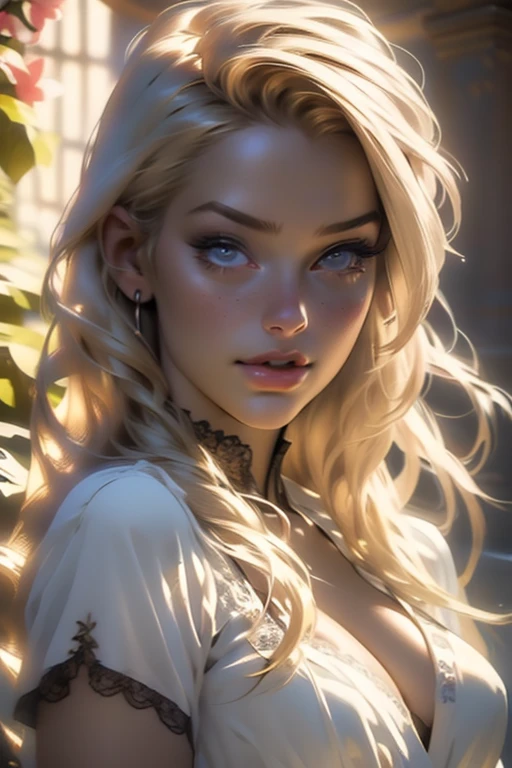 (realistic, photorealistic: 1.37), front view of a Austrian woman, blond hair, wearing lace lingerie, beautiful body
