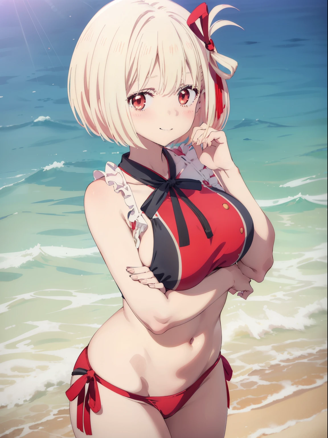 Chisato Nishikigi、Good looking girl (Short blonde hair with square bangs, Big Red Eyes, Red ribbon,blush, Perfect Face), independent , looking at the camera, masterpiece, Anime art style, Cute Characters, Most detailed, high quality、Nico Nico Smile、Wearing a sexy bikini、Playing in the sea