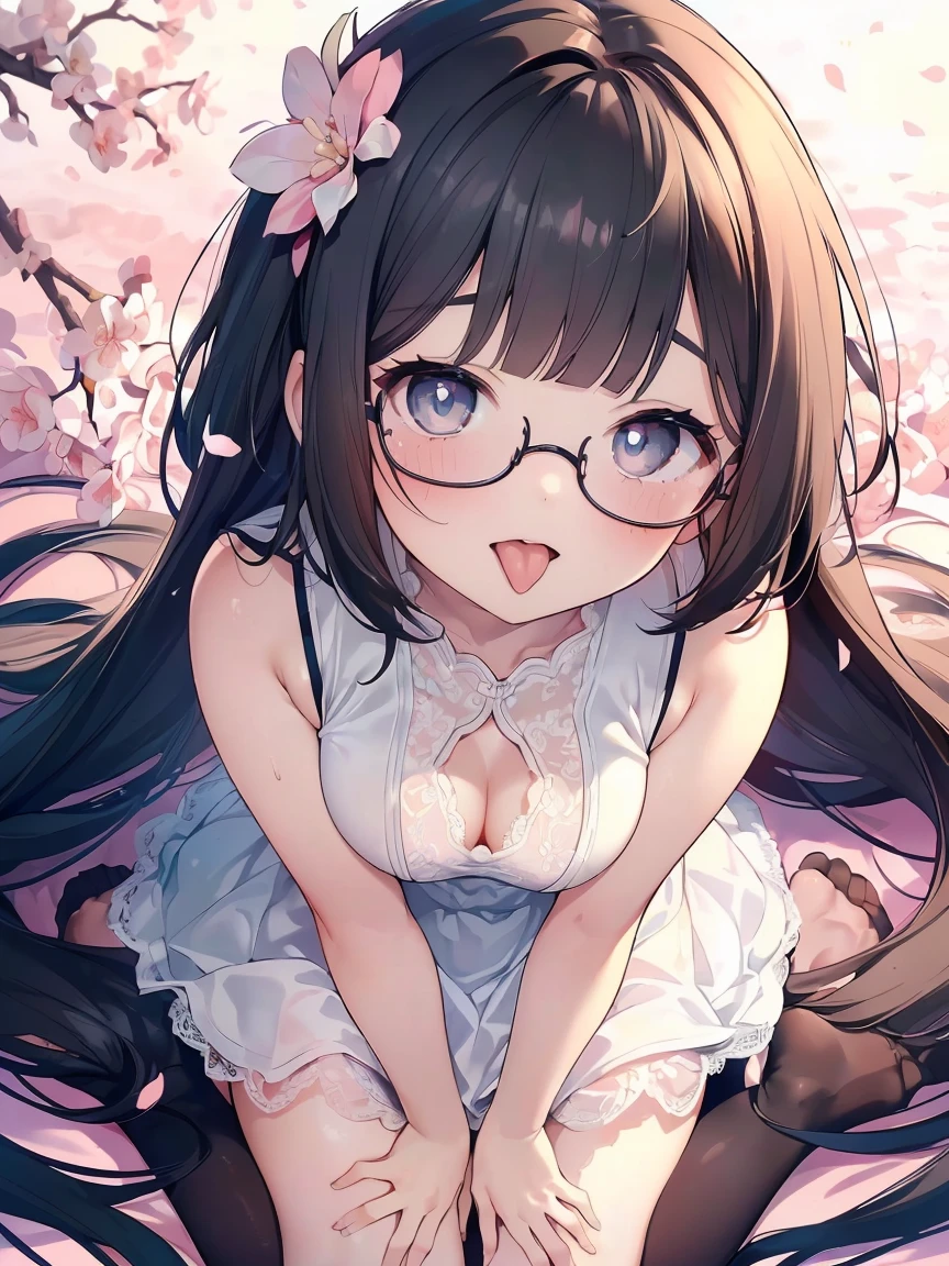 Very detailed, highest quality, High resolution, Moe Anime, ((A cute  with black hair and droopy eyes)), ((Wearing large round glasses:1.4)), (Baby Face), Cute eyes, Detailed eye depiction, Sparkle in the eyes, View your viewers, Pale skin, (Big eyes:1.4, Droopy eyes:1.4, Fatty face:1.4), smile, Focus on the face, In the park with cherry blossoms falling, Sitting, (Extreme close up of tongue), (((From above))), Open your mouth, (((Face only:1.3))), ((white lace sleeveless dress)), Bright Eyes, Light from the front, (Put your hands between your legs:1.4), large and long tongue, Cleavage, Straight long hair