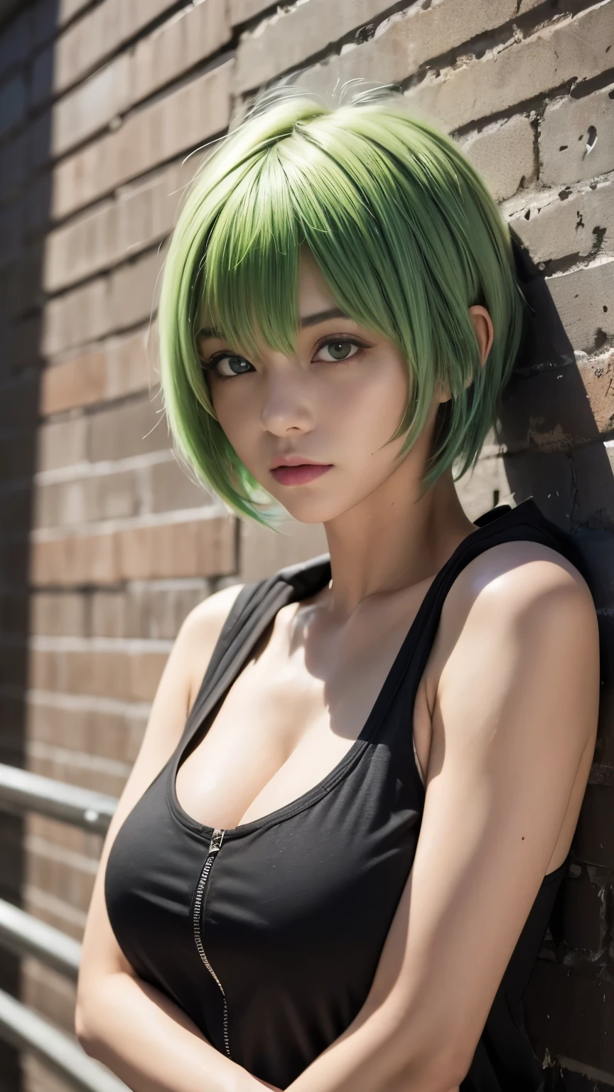 (head shot:1.5),highest quality, Little Woman, nice,whole body, , {{{Beautiful face in every detail}}}, Beautiful empathy (black) eye, Dead Rolling eye, (green) short hair, {Shaggy Cut}, bright (green) Highlighted Hair, Pink striped hair, Bare arms, Standing in front of a wall covered in hip hop graffiti, Pixie cut white hair, He is wearing a short tank top and an open-zipped hoodie..,I can see your chest,Nice ass,Wear a New Era cap