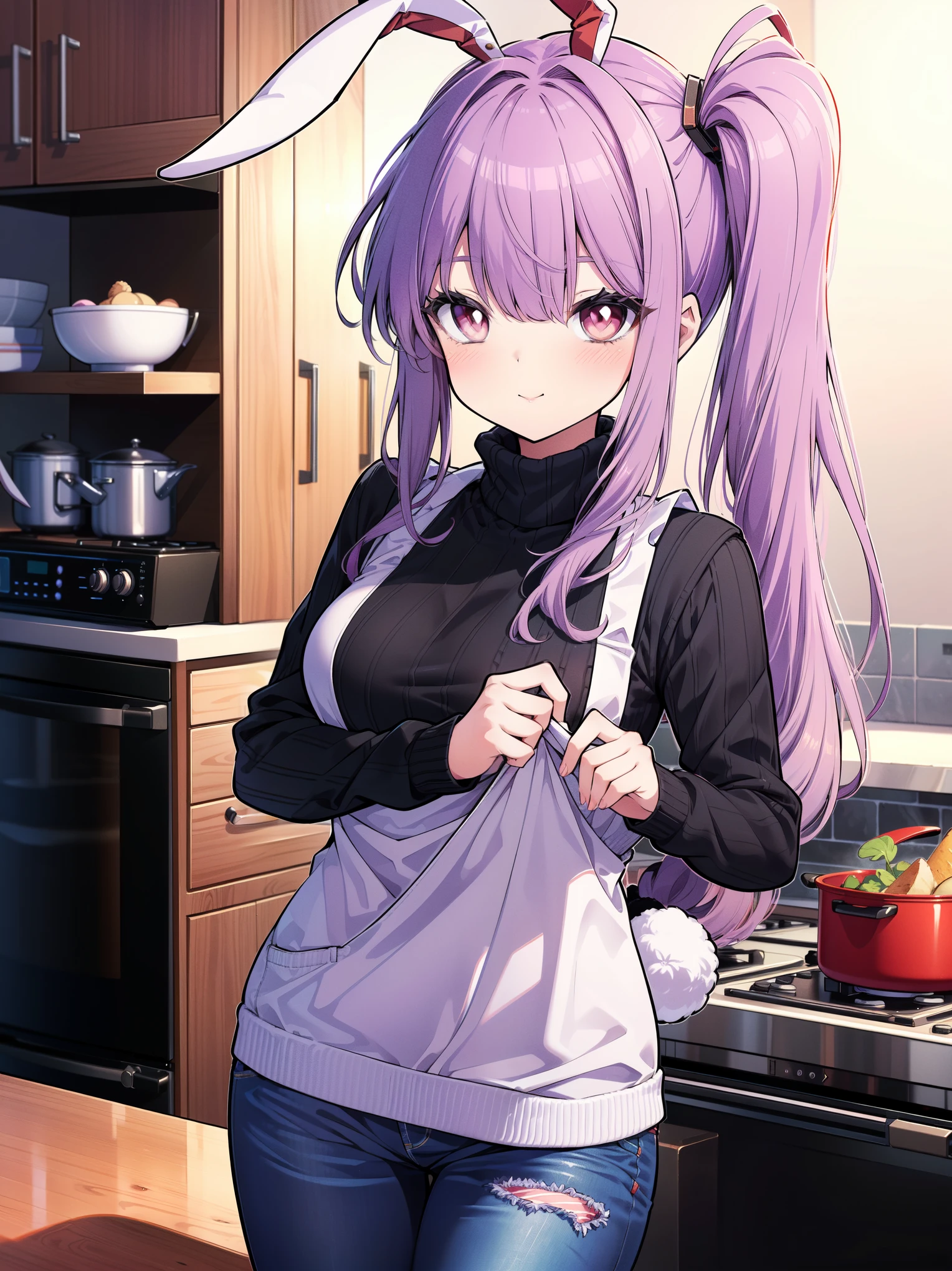 (ultra-high resolution, depth of field:1.2), Touhou project, (Reisen Udongein Inaba:1.1), (1woman), (medium breasts), (red eyes), (light purple hair), long hair, (bangs), side ponytail, rabbit ears, rabbit tail, (black wool sweater:1.2), denim jeans, kitchen apron, kitchen scenery, light smile, (blushing:1.2)