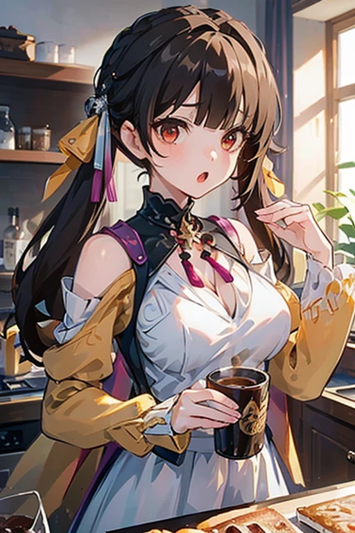 masterpiece, 1girl, Amazing Cleavage:1.3, thin waist, big ass, Raised sexy, medium breast:1.3,posed cleavage:1.2,solo, looking at viewer, open mouth, have a cup of coffee,black hair, red eyes, dress, bare shoulders, jewelry, collarbone, sidelocks, hairband, earrings, indoors, off shoulder, :o, sweater, arms behind back, plant, short hair with long locks, white hairband, off-shoulder dress, sweater dress, off-shoulder sweater, red sweater, big side hair, very long side hair,is rendered in (masterpiece: 1.2, best quality), with (ultra high resolution) and an exquisite (depth of field). This masterpiece is not only visually stunning but also tells, make of cooking some cakes ,in the kitchen