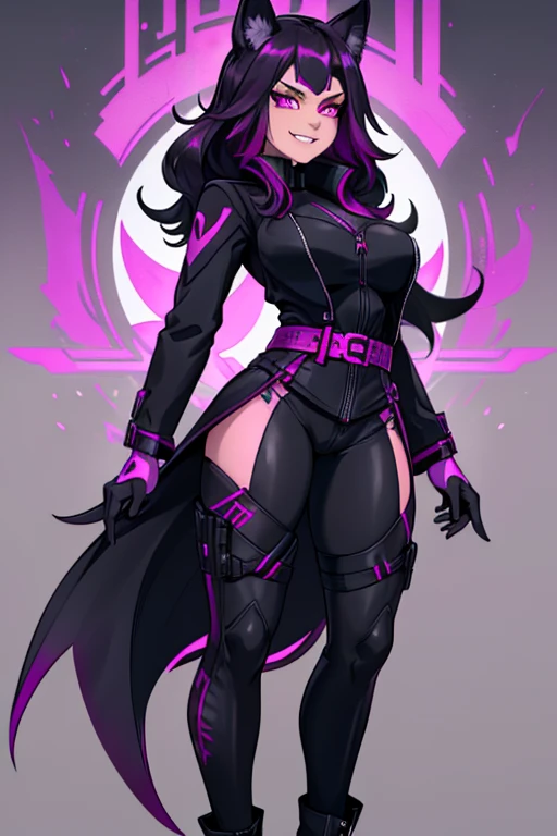female, black long hair with magenta highlights, silver eyes, black wolf ears, black wolf tail (((1girl))), (((Black Widow outfit with magenta trim))), (black pants), (black gloves), (black tactical belt), (black boots), cute and sexy, full body, large breasts, large butt, long legs, smiling