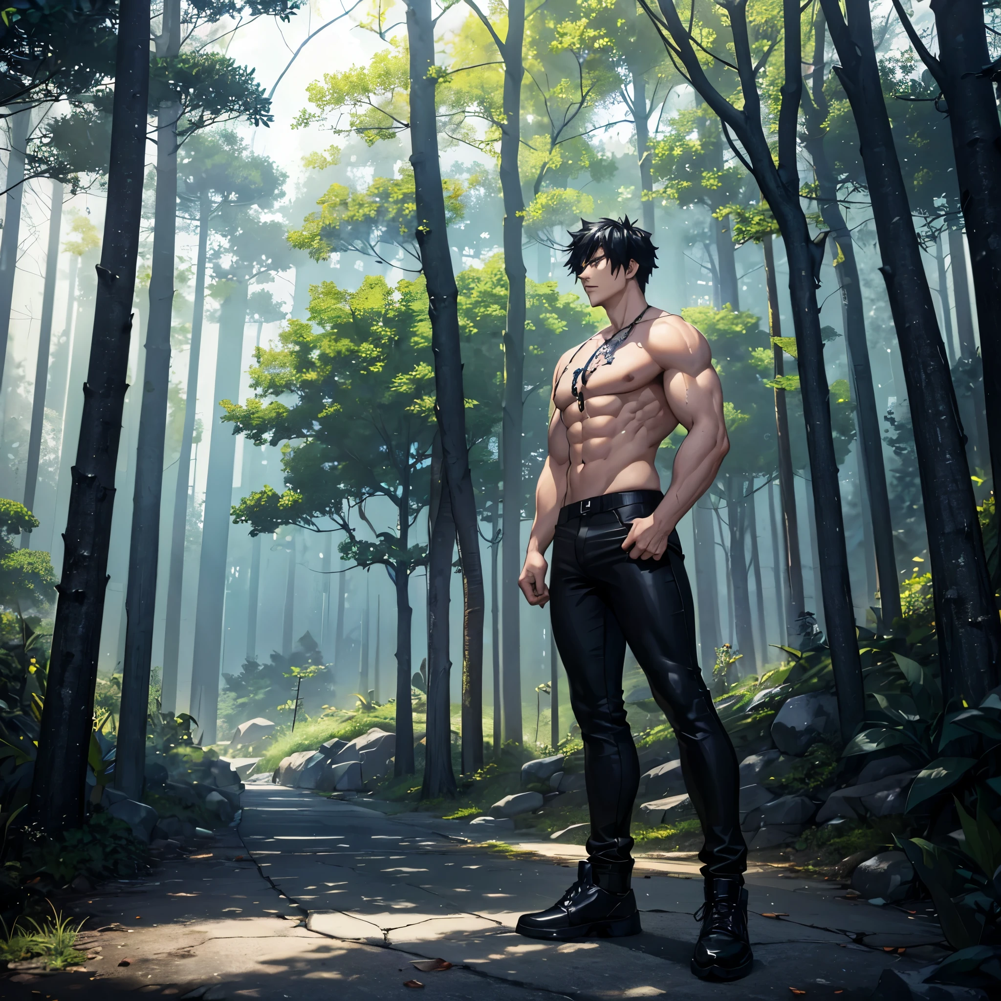 Man, shirtless, wearing black pants, black shoes, very muscular, well-toned arms, black hair, black eyes, full body, serious face, standing on a concrete walkway, fantasy forest background (solo man).