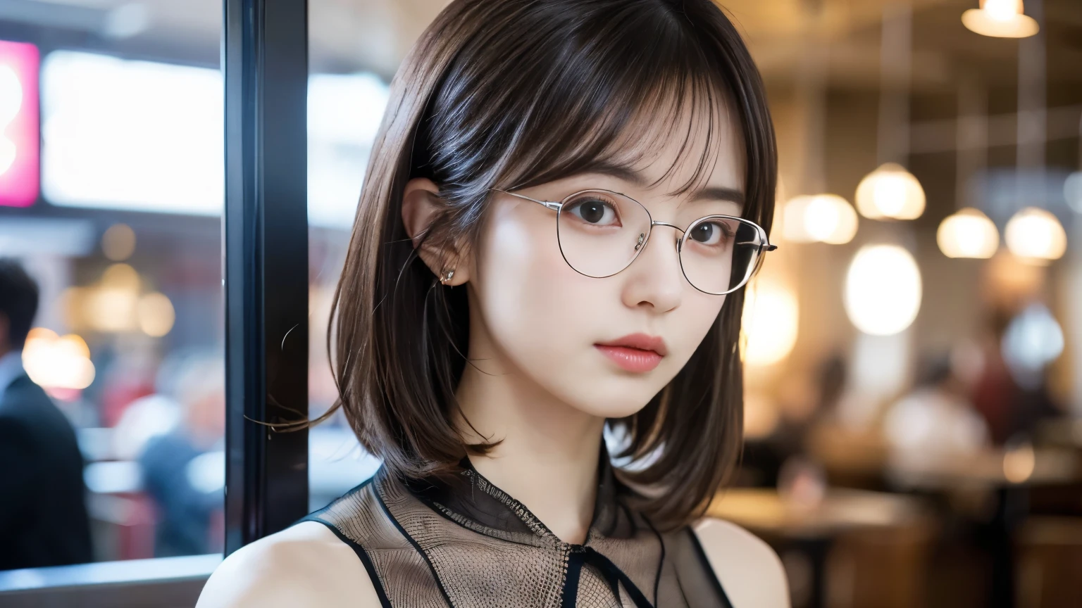 super high quality, thin, Photography Sculpture, The staff is working at the counter in the back.., (8k、RAW Photos、highest quality、masterpiece:1.2), Japanese Idols, Stylish cafe, (Realistic、Realistic:1.37), Beautiful Face , Bob Hair, Mesh Hair, Normal chest, Urban Cafe, Golden Ratio, RAW Photos, Bright cafe interior, Blurred Background, Spring Clothes, Glasses, Beautiful hairstyle, suit, 20-year-old, Hair blowing in the wind, Dress neatly,
