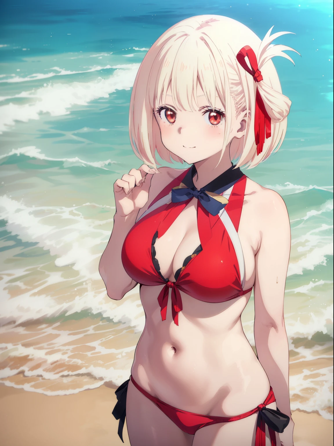 Chisato Nishikigi、Good looking girl (Short blonde hair with square bangs, Big Red Eyes, Red ribbon,blush, Perfect Face), independent , looking at the camera, masterpiece, Anime art style, Cute Characters, Most detailed, high quality、Nico Nico Smile、Wearing a sexy bikini、Playing in the sea