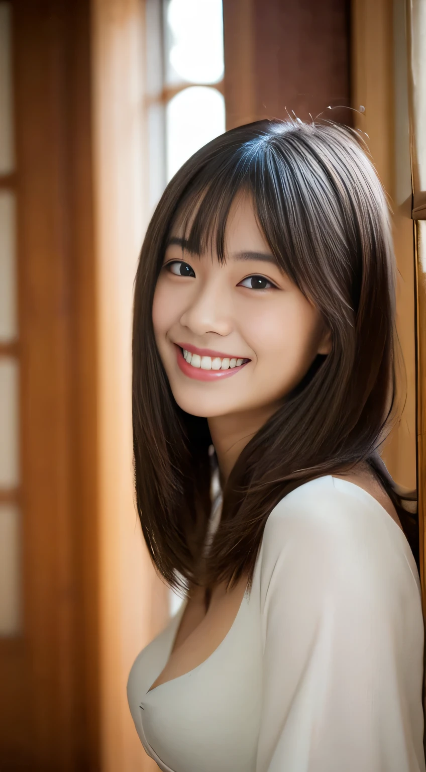 masterpiece,best quality,(Japanese ),((Beautiful girl)),indoor,(perfect body beauty:1.2),(shy smile),beautiful teeth,