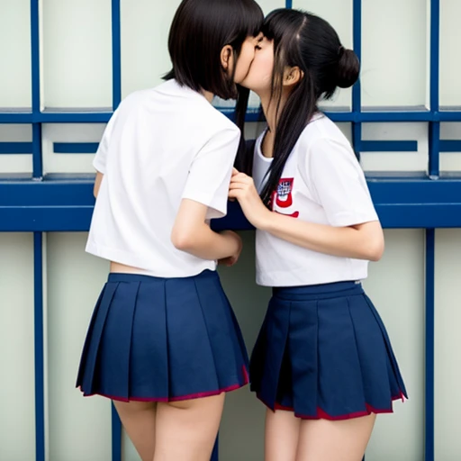 Two Japanese girls wearing short sleeves and shorts are kissing happily