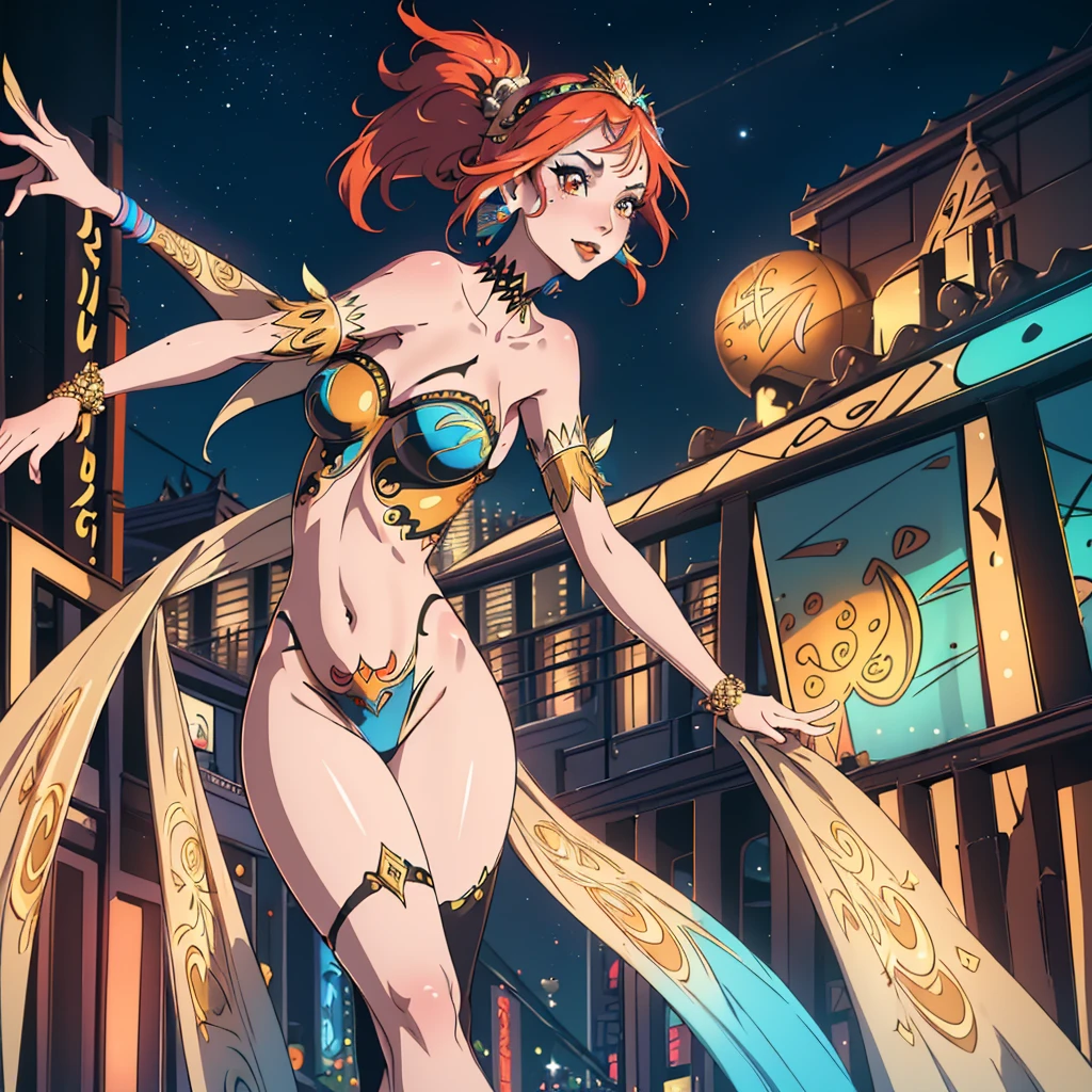 (best quality,4k,8k,highres,masterpiece:1.2),ultra-detailed,(realistic,photorealistic,photo-realistic:1.37),Gates McFadden (age 25),Carnivale costume,body paint,nude,colorful,body paint,decorative sequins,bright big feathers,night time Bangkok parade,energetic atmosphere,vibrant colors,sparkling lights,dazzling makeup,elaborate headpiece,detailed facial features,seductive gaze,confident smile,playful expression,exquisite craftsmanship,attention to detail,feather headdress,extravagant jewelry,eye-catching accessories,elaborate float floats,dancing crowd,thrilling music,energetic dance moves,joyful celebration,lively atmosphere,stylish and glamorous outfit,enchanting visuals,exotic culture,razzle-dazzle display,poise and elegance,mesmerizing performance,colorful backdrop,street performers,traditional dance forms,mystical charm,temporary tattoos,ornate patterns,fascinating artistry,exhilarating experience,numerous embellishments,exotic traditions,unique blend of cultures,vivid color palette,bustling streets,tropical night,electrifying energy,dynamic motion,memorable spectacle,festive celebration,unforgettable memory,unmatched beauty.