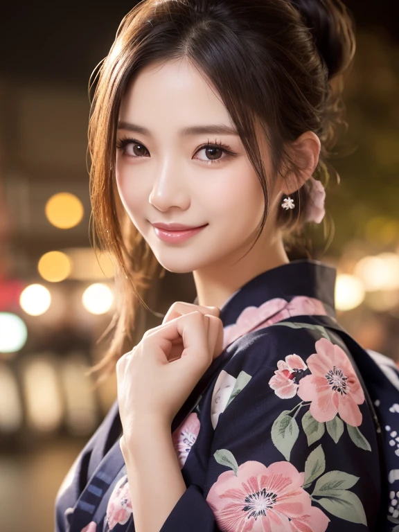 ((highest quality))、((Natural and realistic eyes))、((Beautiful eyes))、Tear bags、double eyelid、((masterpiece、8K、Very detailed, Realistic, super thin skin, Perfect Anatomy))、Japanese women、1 person、30th Generation、married、((high ponytail))、((pink floral yukata))、(Sexy smile)、clear、Beautiful woman、Elegant、(Fireworks display at night)、Bust size 85cm、((close up))