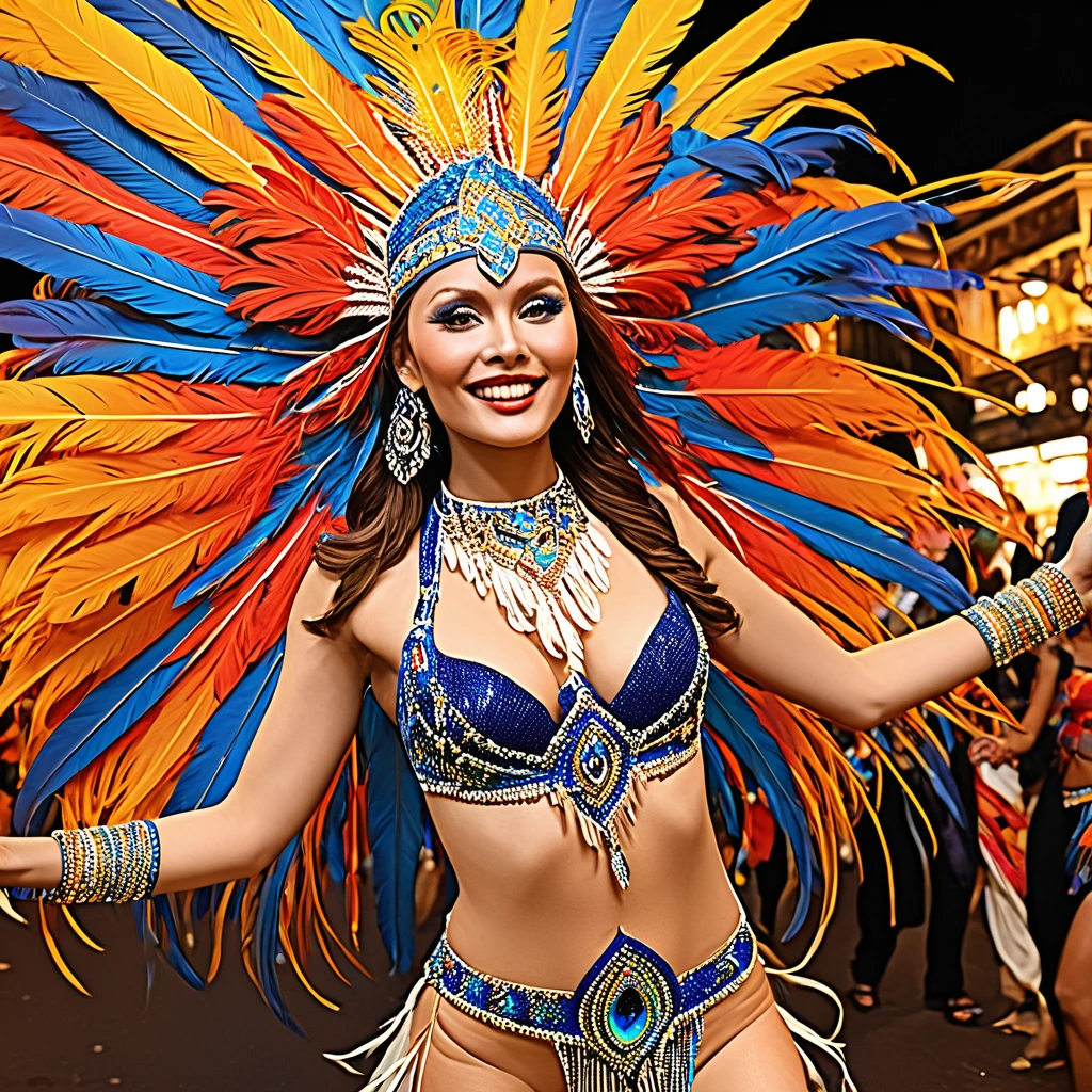 (best quality,4k,8k,highres,masterpiece:1.2),ultra-detailed,(realistic,photorealistic,photo-realistic:1.37),Gates McFadden (age 25),Carnivale costume,body paint,nude,colorful,body paint,decorative sequins,bright big feathers,night time Bangkok parade,energetic atmosphere,vibrant colors,sparkling lights,dazzling makeup,elaborate headpiece,detailed facial features,seductive gaze,confident smile,playful expression,exquisite craftsmanship,attention to detail,feather headdress,extravagant jewelry,eye-catching accessories,elaborate float floats,dancing crowd,thrilling music,energetic dance moves,joyful celebration,lively atmosphere,stylish and glamorous outfit,enchanting visuals,exotic culture,razzle-dazzle display,poise and elegance,mesmerizing performance,colorful backdrop,street performers,traditional dance forms,mystical charm,temporary tattoos,ornate patterns,fascinating artistry,exhilarating experience,numerous embellishments,exotic traditions,unique blend of cultures,vivid color palette,bustling streets,tropical night,electrifying energy,dynamic motion,memorable spectacle,festive celebration,unforgettable memory,unmatched beauty.