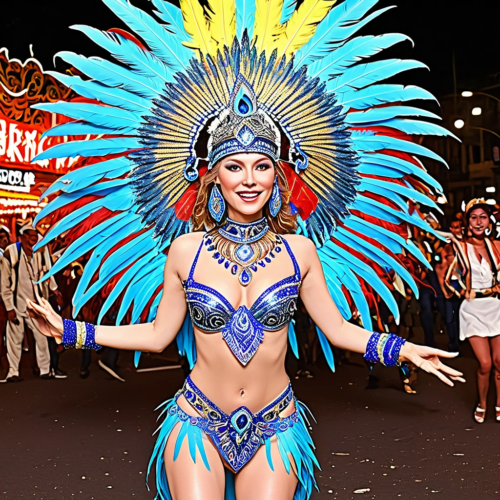 (best quality,4k,8k,highres,masterpiece:1.2),ultra-detailed,(realistic,photorealistic,photo-realistic:1.37),Gates McFadden (age 25),Carnivale costume,body paint,nude,colorful,body paint,decorative sequins,bright big feathers,night time Bangkok parade,energetic atmosphere,vibrant colors,sparkling lights,dazzling makeup,elaborate headpiece,detailed facial features,seductive gaze,confident smile,playful expression,exquisite craftsmanship,attention to detail,feather headdress,extravagant jewelry,eye-catching accessories,elaborate float floats,dancing crowd,thrilling music,energetic dance moves,joyful celebration,lively atmosphere,stylish and glamorous outfit,enchanting visuals,exotic culture,razzle-dazzle display,poise and elegance,mesmerizing performance,colorful backdrop,street performers,traditional dance forms,mystical charm,temporary tattoos,ornate patterns,fascinating artistry,exhilarating experience,numerous embellishments,exotic traditions,unique blend of cultures,vivid color palette,bustling streets,tropical night,electrifying energy,dynamic motion,memorable spectacle,festive celebration,unforgettable memory,unmatched beauty.