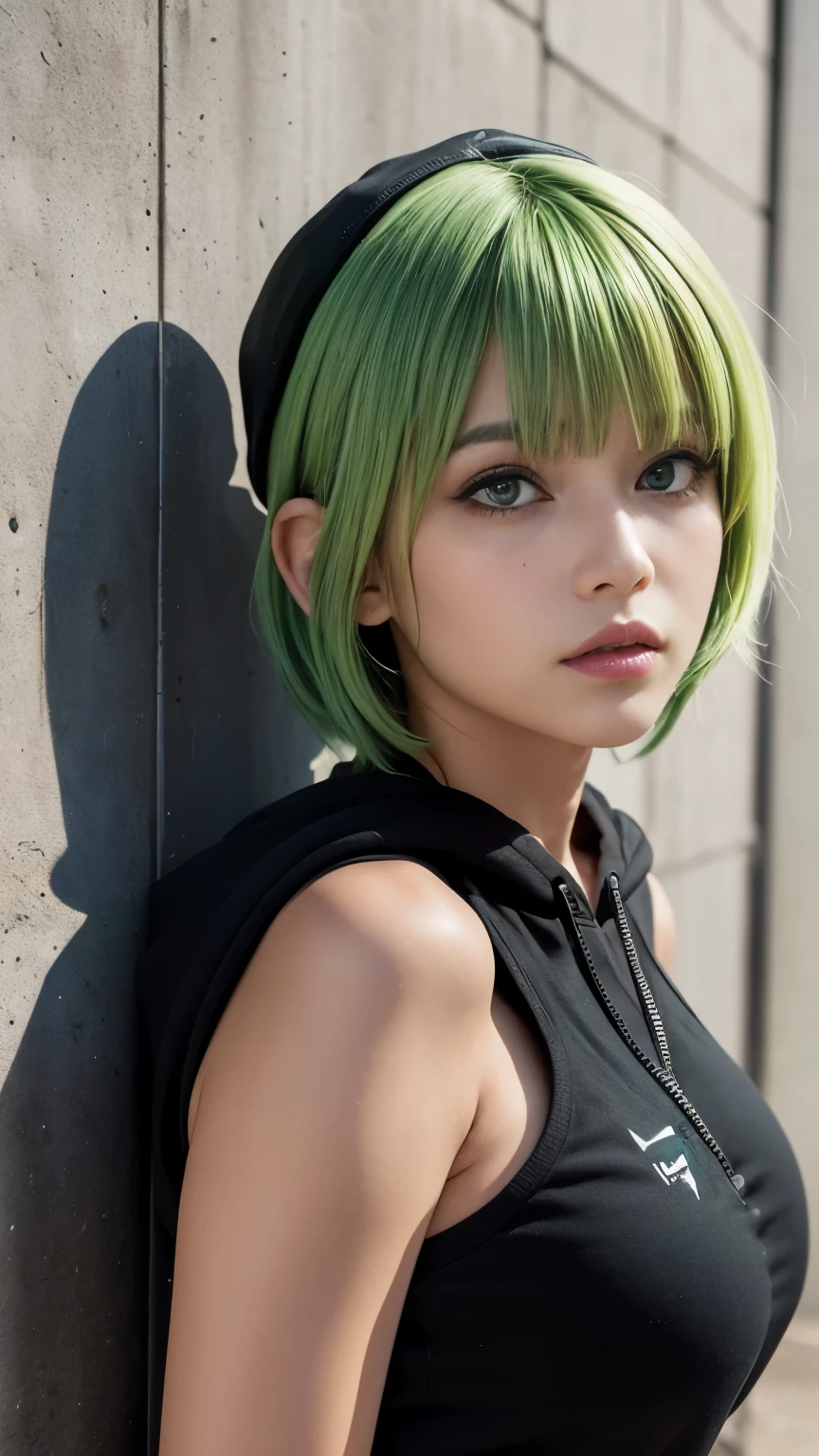 (head shot:1.5),highest quality, Little Woman, nice,whole body, , {{{Beautiful face in every detail}}}, Beautiful empathy (black) eye, Dead Rolling eye, (green) short hair, {Shaggy Cut}, bright (green) Highlighted Hair, Pink striped hair, Bare arms, Standing in front of a wall covered in hip hop graffiti, Pixie cut white hair, He is wearing a short tank top and an open-zipped hoodie..,I can see your chest,Nice ass,Wear a New Era cap