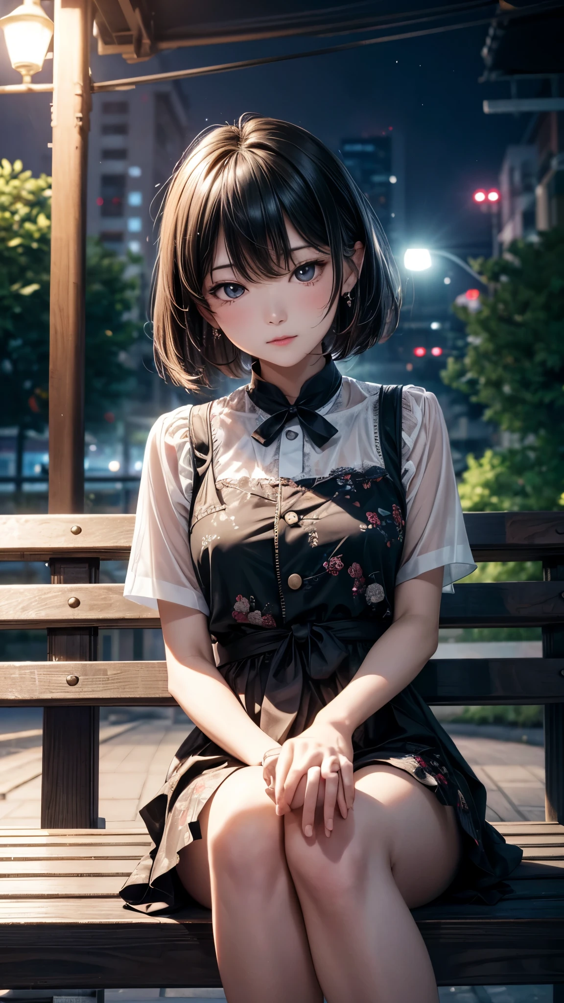 Korean woman sitting on a park bench, Night lights, city lights, moonlight, 4K at night, Fuji XT3, 8k, Maximum results, Photographed with a Kodak camera, Winning photo, (Surreal:1.5), (best quality:1.5), Reality, Delicate skin texture, masterpiece, (Reality:1.4), original photo, Perfect Shadow, realism, photography,Facial detail texture, Delicate lip texture, Detail ears, Eye for detail, Depth of Field,