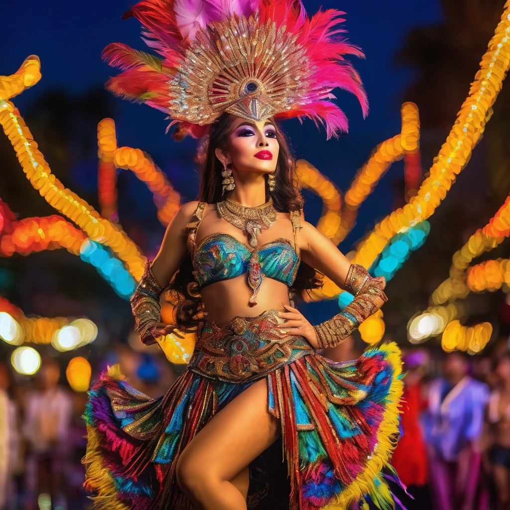 (best quality,4k,8k,highres,masterpiece:1.2),ultra-detailed,(realistic,photorealistic,photo-realistic:1.37),Gates McFadden (age 25),Carnivale costume,body paint,nude,colorful,body paint,decorative sequins,bright big feathers,night time Bangkok parade,energetic atmosphere,vibrant colors,sparkling lights,dazzling makeup,elaborate headpiece,detailed facial features,seductive gaze,confident smile,playful expression,exquisite craftsmanship,attention to detail,feather headdress,extravagant jewelry,eye-catching accessories,elaborate float floats,dancing crowd,thrilling music,energetic dance moves,joyful celebration,lively atmosphere,stylish and glamorous outfit,enchanting visuals,exotic culture,razzle-dazzle display,poise and elegance,mesmerizing performance,colorful backdrop,street performers,traditional dance forms,mystical charm,temporary tattoos,ornate patterns,fascinating artistry,exhilarating experience,numerous embellishments,exotic traditions,unique blend of cultures,vivid color palette,bustling streets,tropical night,electrifying energy,dynamic motion,memorable spectacle,festive celebration,unforgettable memory,unmatched beauty.