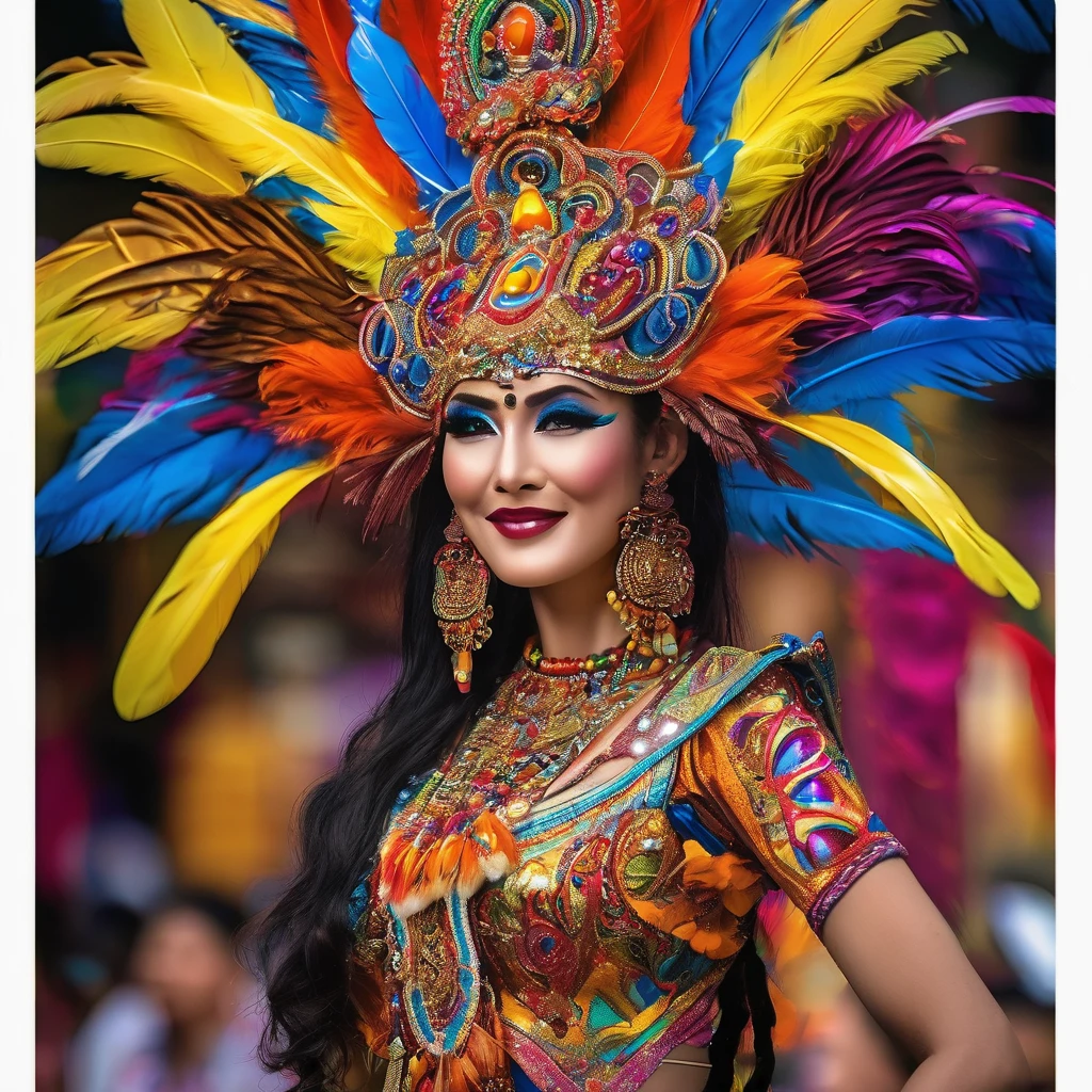 (best quality,4k,8k,highres,masterpiece:1.2),ultra-detailed,(realistic,photorealistic,photo-realistic:1.37),Gates McFadden (age 25),Carnivale costume,body paint,nude,colorful,body paint,decorative sequins,bright big feathers,night time Bangkok parade,energetic atmosphere,vibrant colors,sparkling lights,dazzling makeup,elaborate headpiece,detailed facial features,seductive gaze,confident smile,playful expression,exquisite craftsmanship,attention to detail,feather headdress,extravagant jewelry,eye-catching accessories,elaborate float floats,dancing crowd,thrilling music,energetic dance moves,joyful celebration,lively atmosphere,stylish and glamorous outfit,enchanting visuals,exotic culture,razzle-dazzle display,poise and elegance,mesmerizing performance,colorful backdrop,street performers,traditional dance forms,mystical charm,temporary tattoos,ornate patterns,fascinating artistry,exhilarating experience,numerous embellishments,exotic traditions,unique blend of cultures,vivid color palette,bustling streets,tropical night,electrifying energy,dynamic motion,memorable spectacle,festive celebration,unforgettable memory,unmatched beauty.