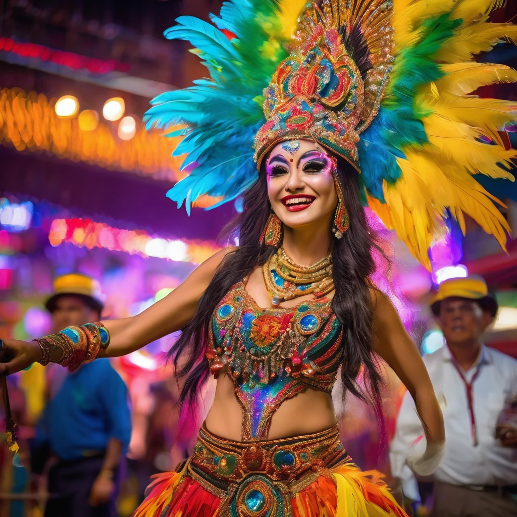 (best quality,4k,8k,highres,masterpiece:1.2),ultra-detailed,(realistic,photorealistic,photo-realistic:1.37),Gates McFadden (age 25),Carnivale costume,body paint,nude,colorful,body paint,decorative sequins,bright big feathers,night time Bangkok parade,energetic atmosphere,vibrant colors,sparkling lights,dazzling makeup,elaborate headpiece,detailed facial features,seductive gaze,confident smile,playful expression,exquisite craftsmanship,attention to detail,feather headdress,extravagant jewelry,eye-catching accessories,elaborate float floats,dancing crowd,thrilling music,energetic dance moves,joyful celebration,lively atmosphere,stylish and glamorous outfit,enchanting visuals,exotic culture,razzle-dazzle display,poise and elegance,mesmerizing performance,colorful backdrop,street performers,traditional dance forms,mystical charm,temporary tattoos,ornate patterns,fascinating artistry,exhilarating experience,numerous embellishments,exotic traditions,unique blend of cultures,vivid color palette,bustling streets,tropical night,electrifying energy,dynamic motion,memorable spectacle,festive celebration,unforgettable memory,unmatched beauty.