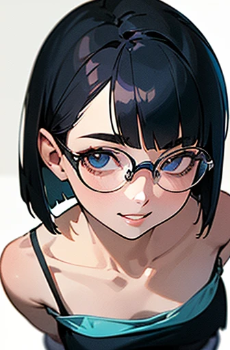 (masterpiece), (8k, best quality, high resolution), (ultra-detailed, realistic), (anatomically correct),
((face close-up)), (Standing), (No background),
(1woman), (looking at viewer),
(A Japanese woman, 30 years old and 155cm tall.),
(black hair), (straight hair), (short hair style), (bob cut), (hair behind ears),
((she wears glasses with black cell-frame frames)),
(light blue camisole with narrow shoulder straps),
(navy blue flared miniskirt),
(Create a detailed image of the eye),
(Her impression is pure, clean and kind.),
((A captivating smile, just showing a few teeth.)),