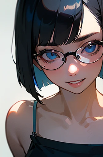 (masterpiece), (8k, best quality, high resolution), (ultra-detailed, realistic), (anatomically correct),  

((face close-up)), (Standing), (No background),
(1woman),  (looking at viewer), 
(A Japanese woman, 30 years old and 155cm tall.), 

(black hair), (straight hair), (short hair style), (bob cut), (hair behind ears), 
((she wears glasses with black cell-frame frames)), 
(light blue camisole with narrow shoulder straps), 
(navy blue flared miniskirt), 

(Create a detailed image of the eye), 
(Her impression is pure, clean and kind.), 
((A captivating smile, just showing a few teeth.)), 　 
