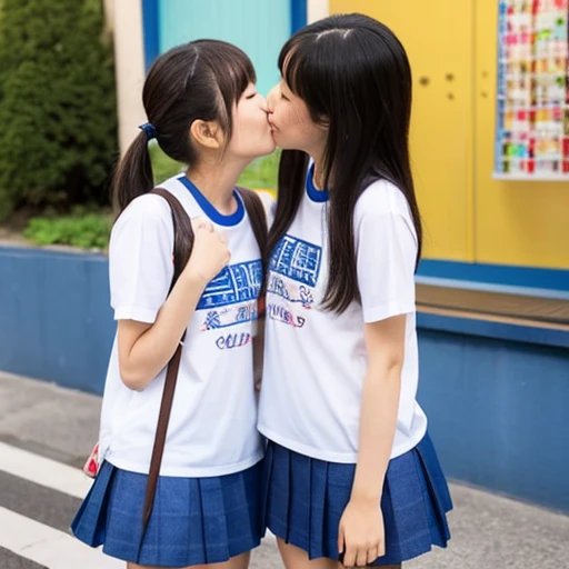 Two Japanese girls wearing short sleeves and shorts are kissing happily