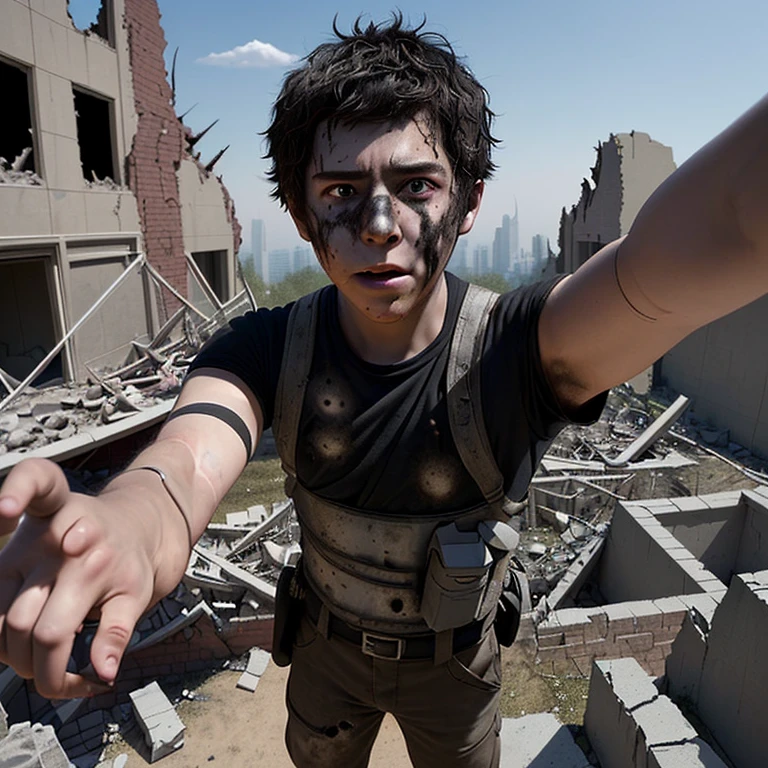In an adventure comedy movie, he gets caught up in an exploding ruins trap.、Selfie of a boy  actor covered in soot