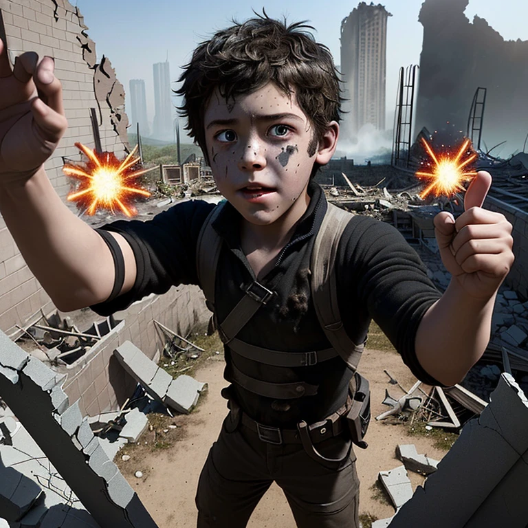 In an adventure comedy movie, he gets caught up in an exploding ruins trap.、Selfie of a boy  actor covered in soot